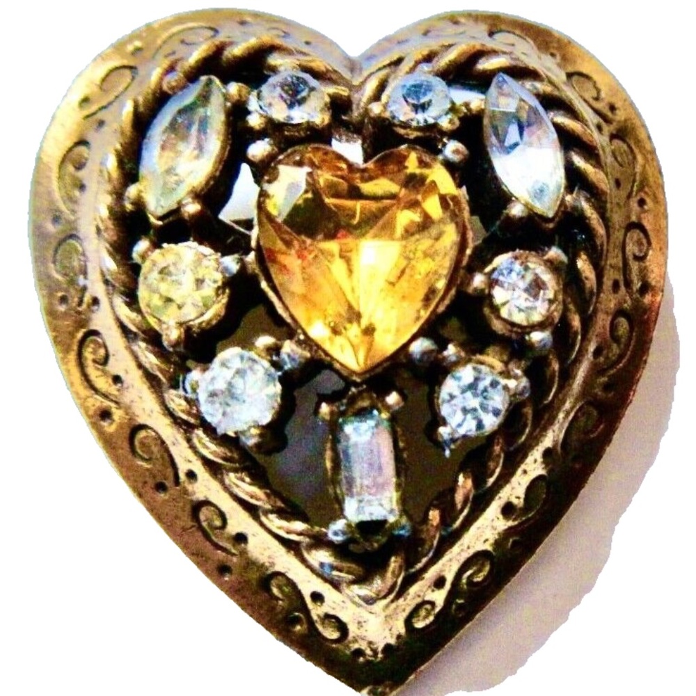 Rare Vintage CORO HEART BROOCH Signed Faceted Rhinestone Faux Citrine Gold Pltd